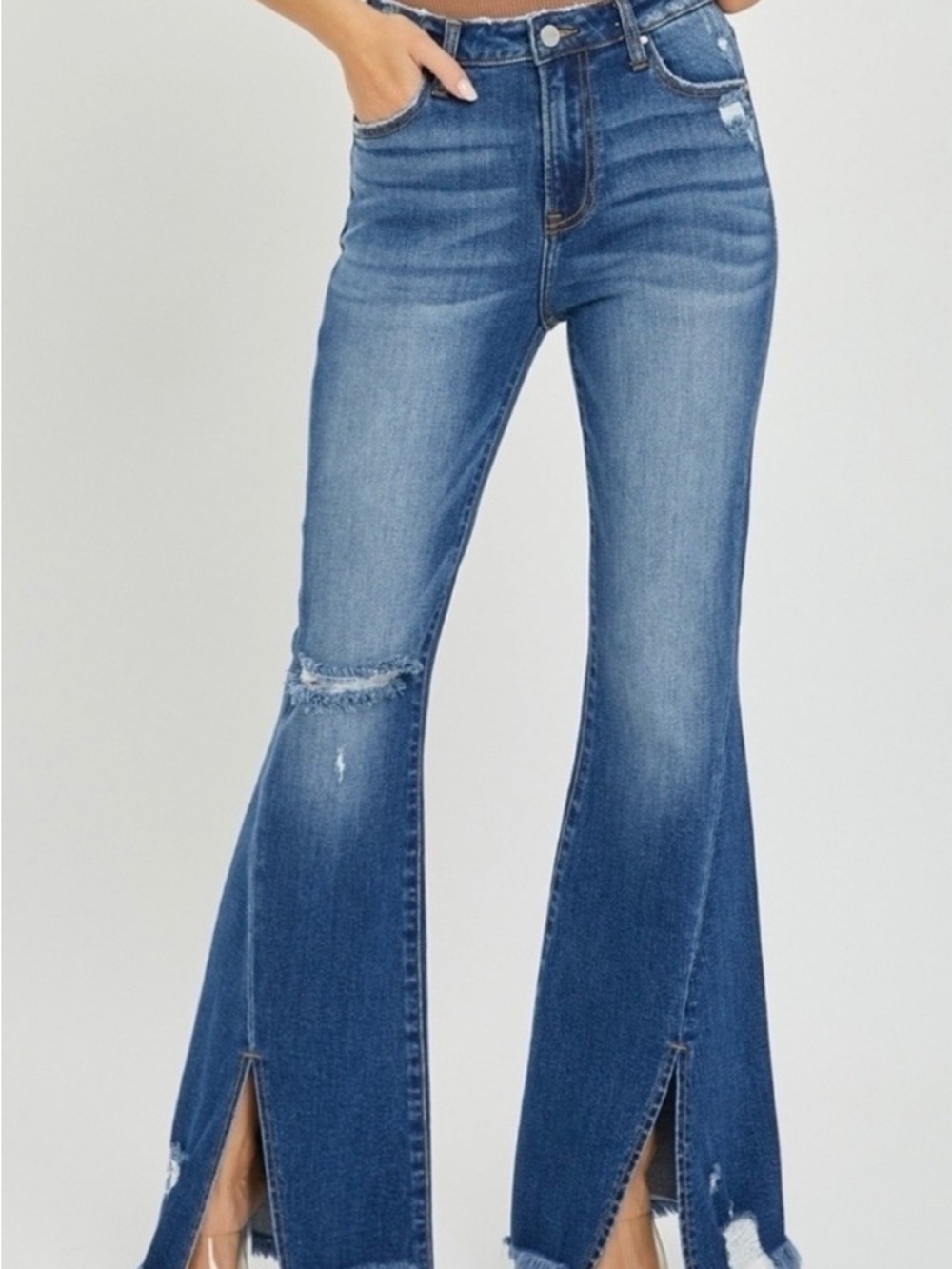 Risen High-Rise Dark Wash Distressed Front Split Frayed Hem Flared Jeans NWT 9